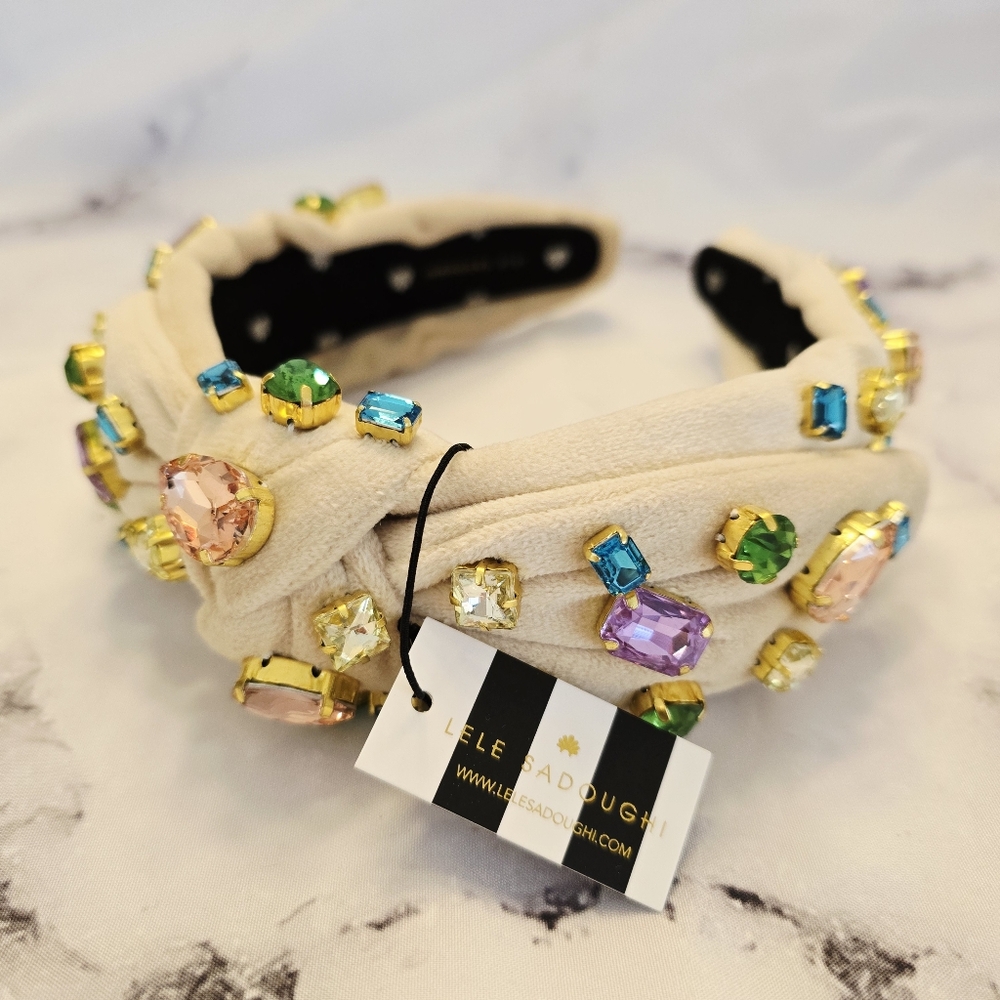 Lele Sadoughi Veronica Mixed Crystal Bow Headband in Pastel Latte